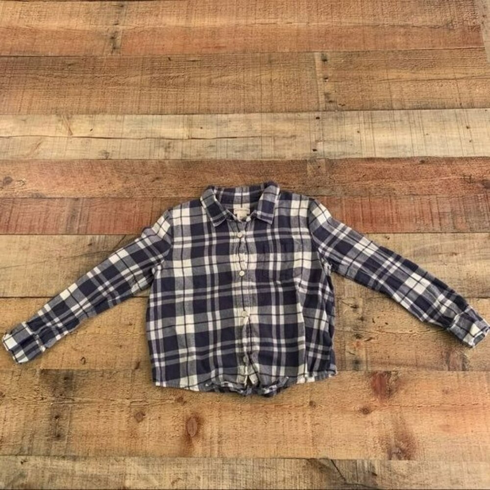 Crewcuts girls size 6/7 navy plaid long sleeve button up crop shirt with tie